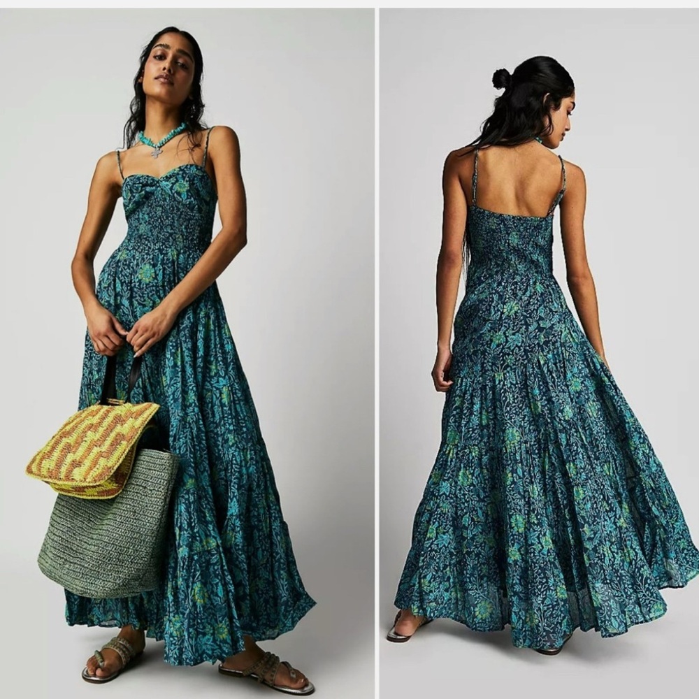 Free People Sundrenched Print Maxi Dress Blue and Green